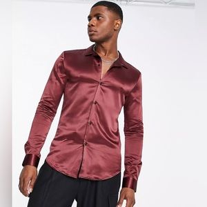 ASOS DESIGN skinny satin shirt in ox blood